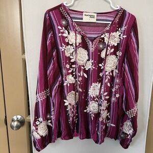 Savanna Jane Womens Large Stripe Floral Embroider Boho Long Sleeve Blouse